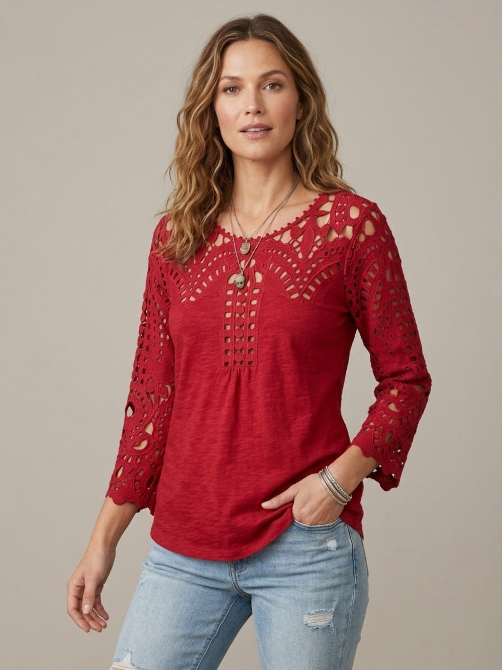 NWT Sundance Antique Lace Top Cherry Red XS